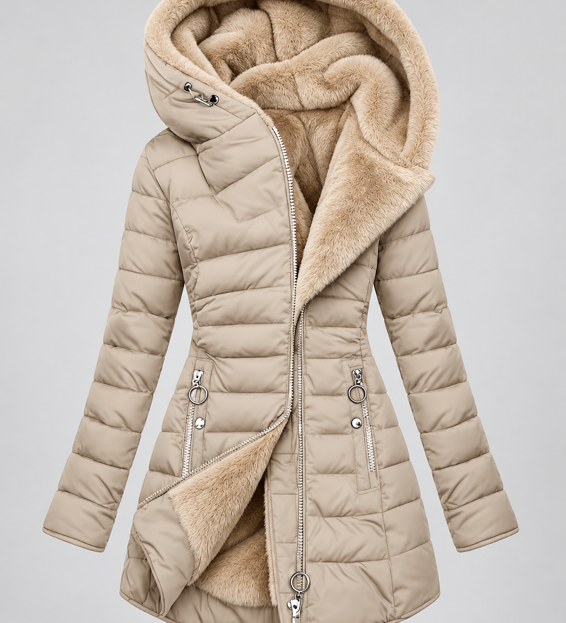 Chaqueta acolchada con capucha para mujer con forro de forro polar y cierre frontal con cremallera