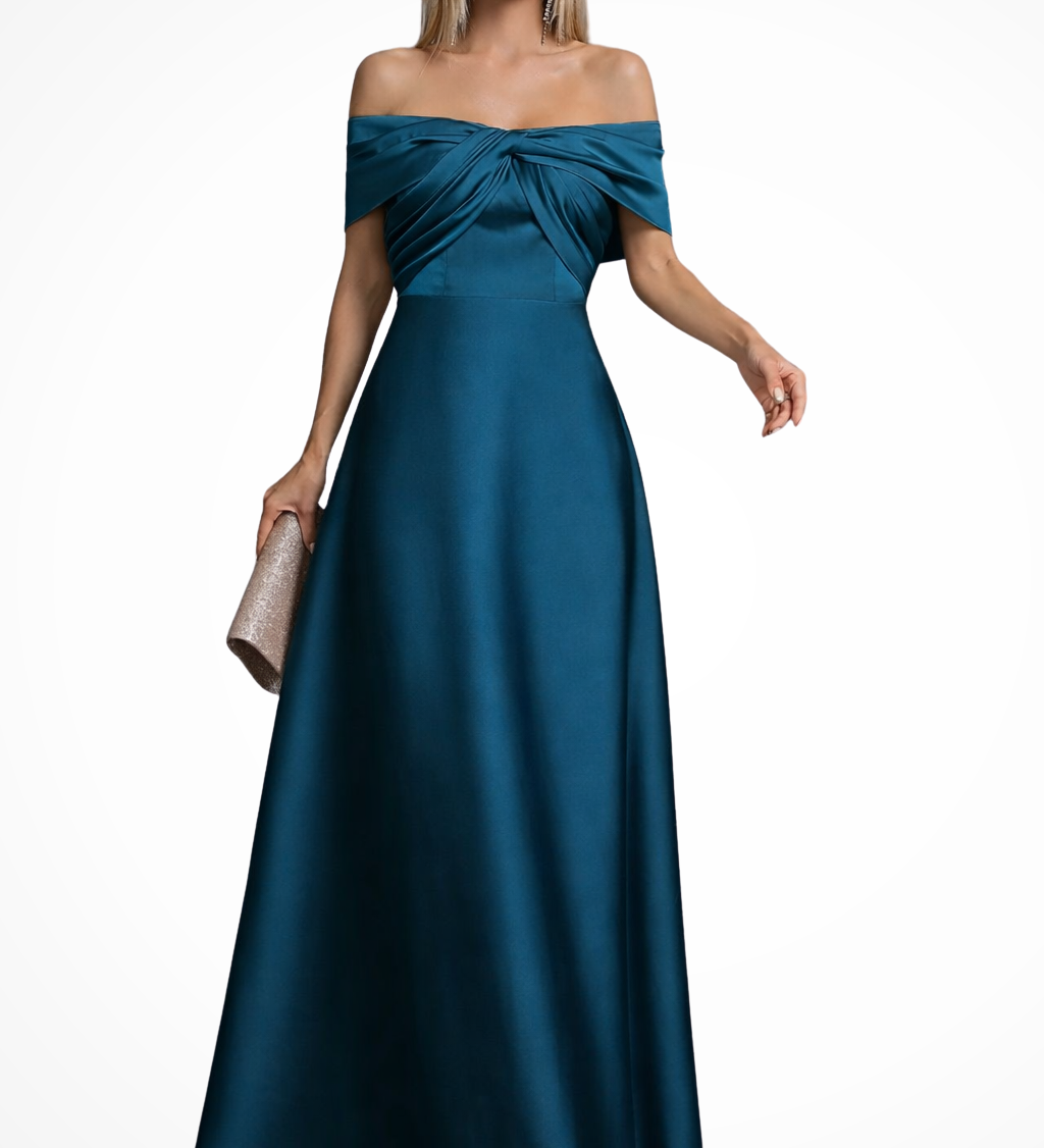 Lauren | Vestido Maxi de Mujer con Escote en los Hombros, Nudo Torcido y Satén Plisado