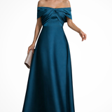 Lauren | Vestido Maxi de Mujer con Escote en los Hombros, Nudo Torcido y Satén Plisado