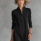 Vestido camisón minimalista para señora, con cuello blanco y tapeta de botones