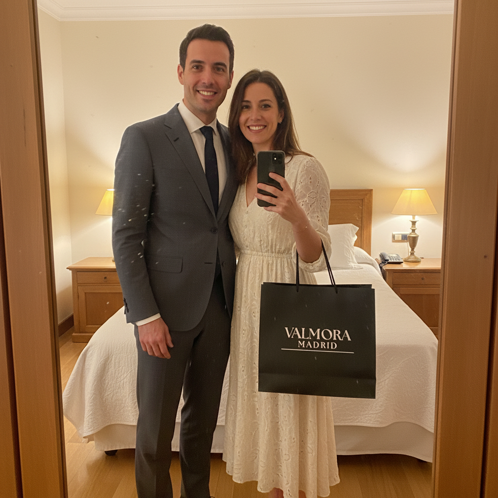 Casal no espelho do quarto com sacola Valmora Madrid
