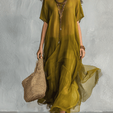 Vestido maxi bohemio verde oliva con silueta drapeada
