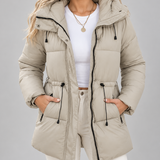 Abrigo acolchado largo con capucha para mujer, con cintura ajustable y bolsillos