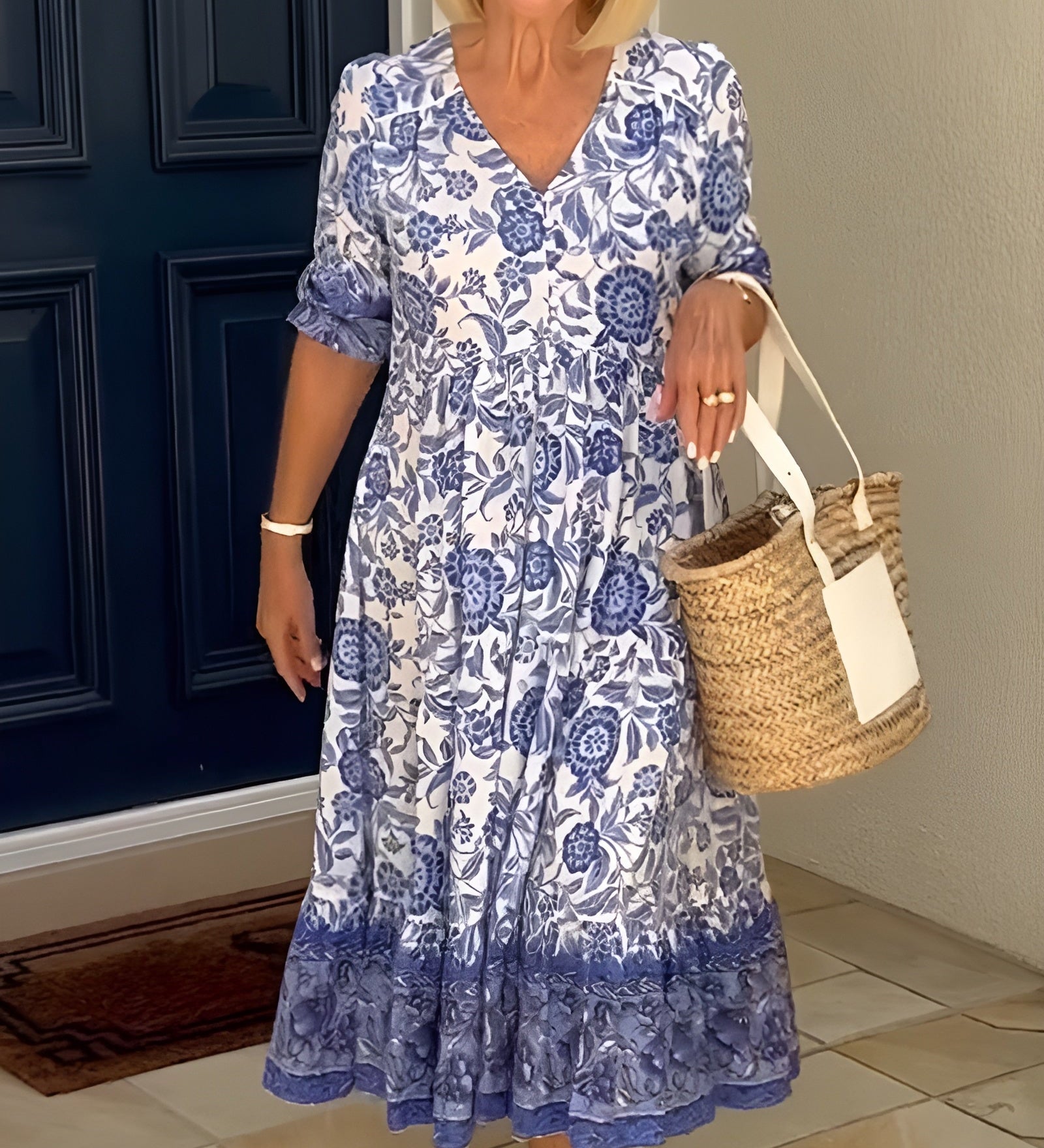 CATHY - Vestido elegante con estampado floral y escote en V
