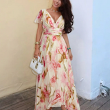 Elara | Vestido maxi floral de manga corta con escote en V