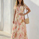 Elara | Vestido maxi floral de manga corta con escote en V