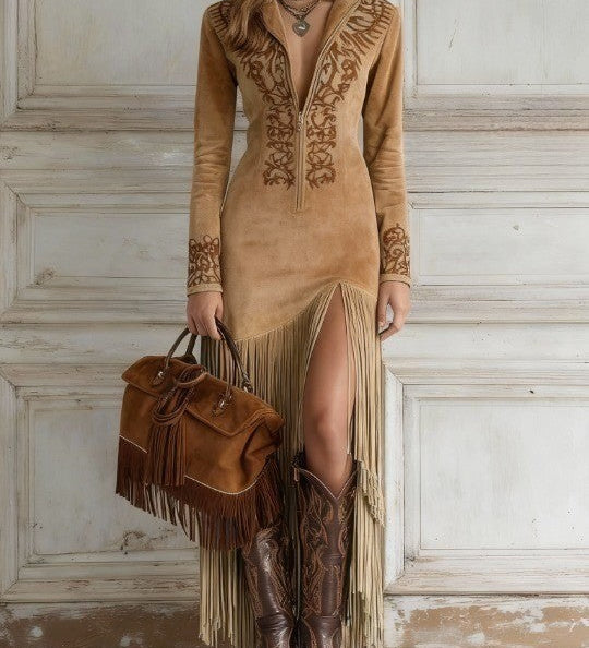 Amália - Vestido largo de manga larga con escote en V para otoño / invierno