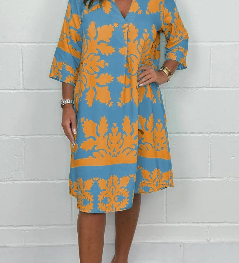 Celeste | Vestido midi de señora con escote en V y mangas 3/4