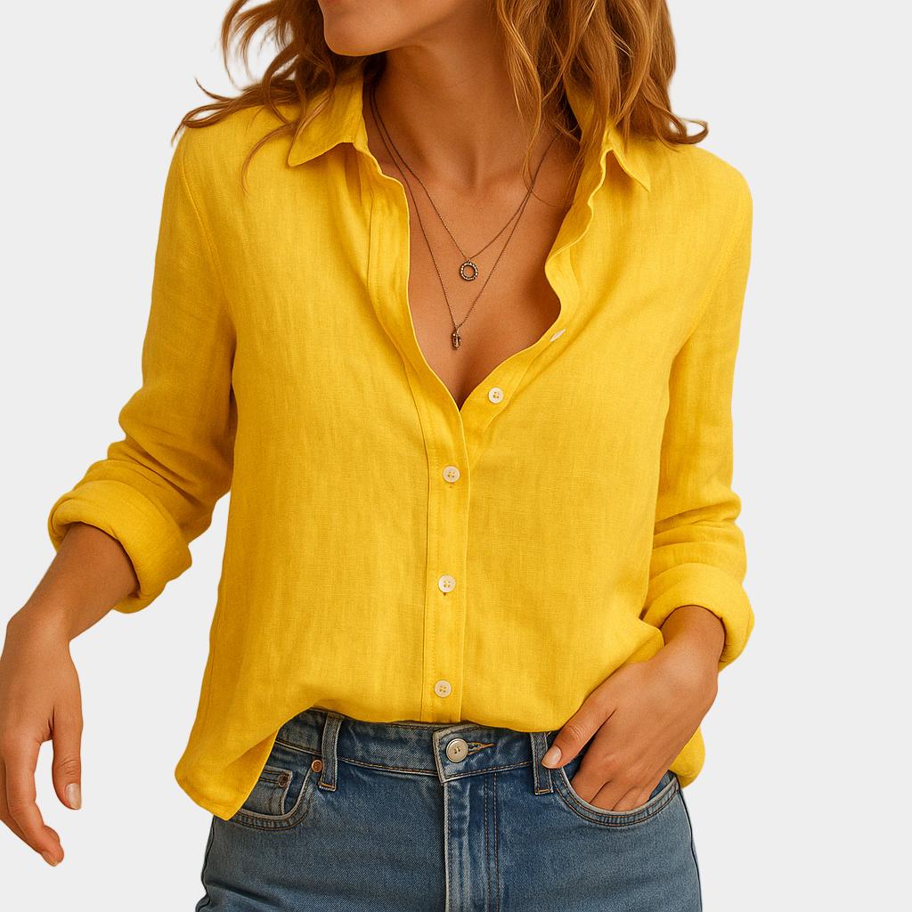 Blusa femenina de lino con corte suelto y cuello clásico