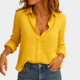 Blusa femenina de lino con corte suelto y cuello clásico