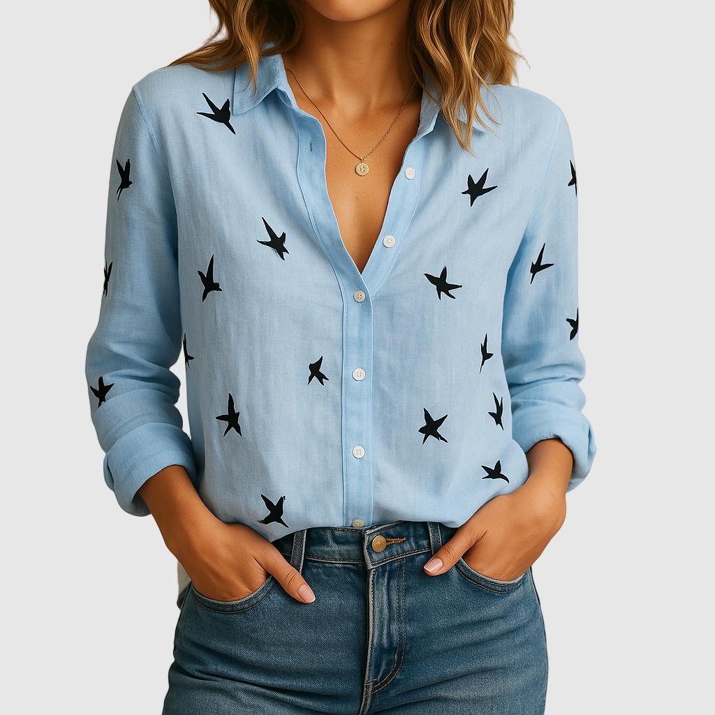 Blusa femenina de lino con corte suelto y cuello clásico