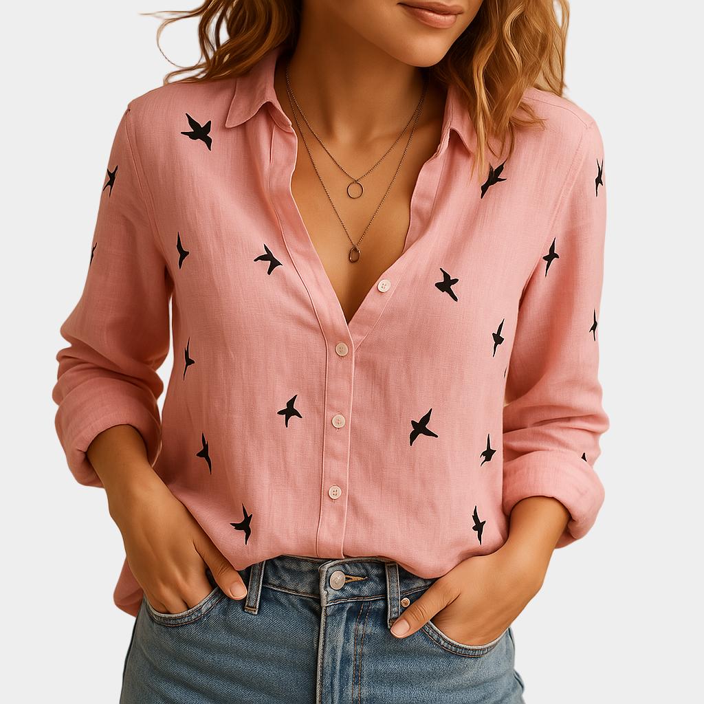 Blusa femenina de lino con corte suelto y cuello clásico