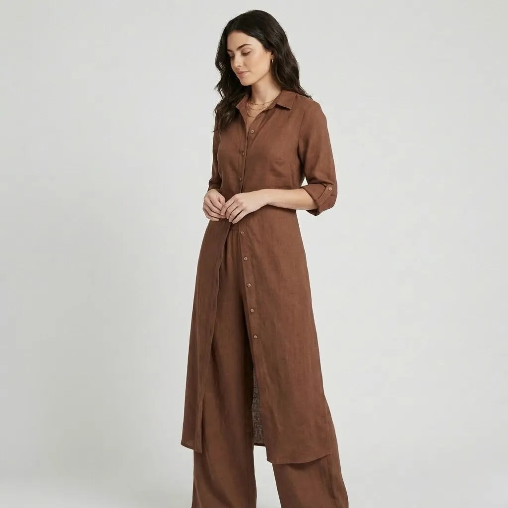 Conjunto fluido en mezcla natural | Camisa larga y pantalones anchos | Elegancia ligera y atemporal