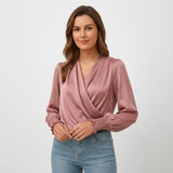 Blusa femenina cruzada con escote en V y mangas largas