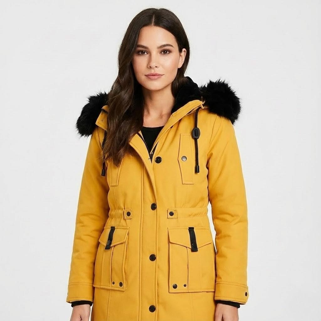 Parka femenina acolchada con capucha y corte ajustado