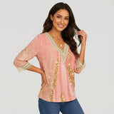 Blusa elegante con escote en V y mangas tres cuartos para mujer