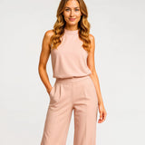 Macacão feminino elegante sem mangas com perna larga