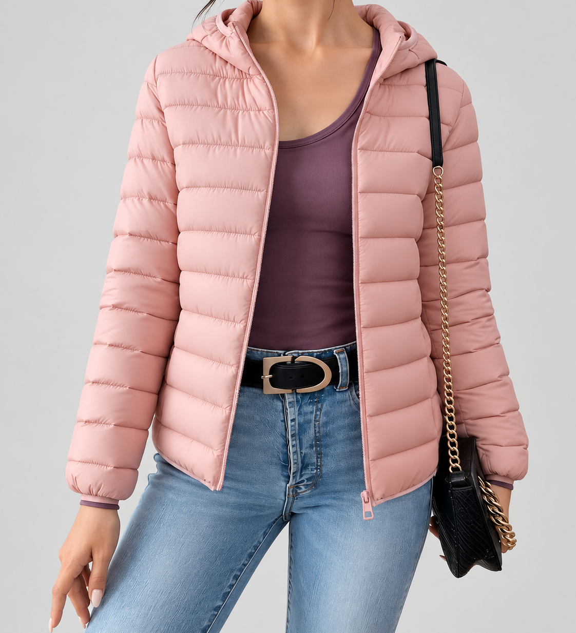 Chaqueta de Puffer Acolchada con Capucha para Mujer con Cierre Frontal