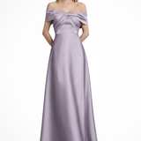 Lauren | Vestido Maxi de Mujer con Escote en los Hombros, Nudo Torcido y Satén Plisado