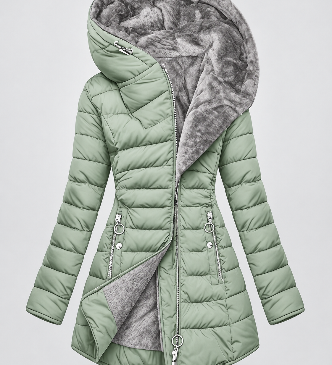Chaqueta acolchada con capucha para mujer con forro de forro polar y cierre frontal con cremallera