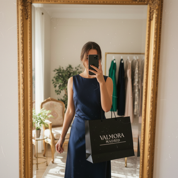 Selfie no espelho 1:1 com vestido midi de gala e sacola Valmora Madrid
