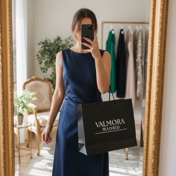 Selfie no espelho com vestido midi de gala e sacola Valmora Madrid