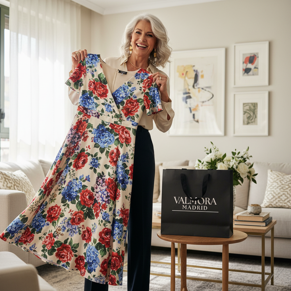 Senhora de 60 anos na sala iluminada com vestido floral e sacola Valmora Madrid