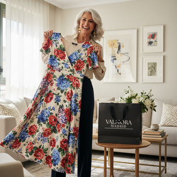 Senhora de 60 anos na sala iluminada com vestido floral e sacola Valmora Madrid