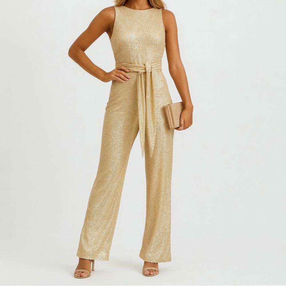 Mono elegante de mujer con acabado en lentejuelas y corte fluido
