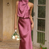 Rochella™ - Vestido elegante de satén rosa antiguo con cuello alto
