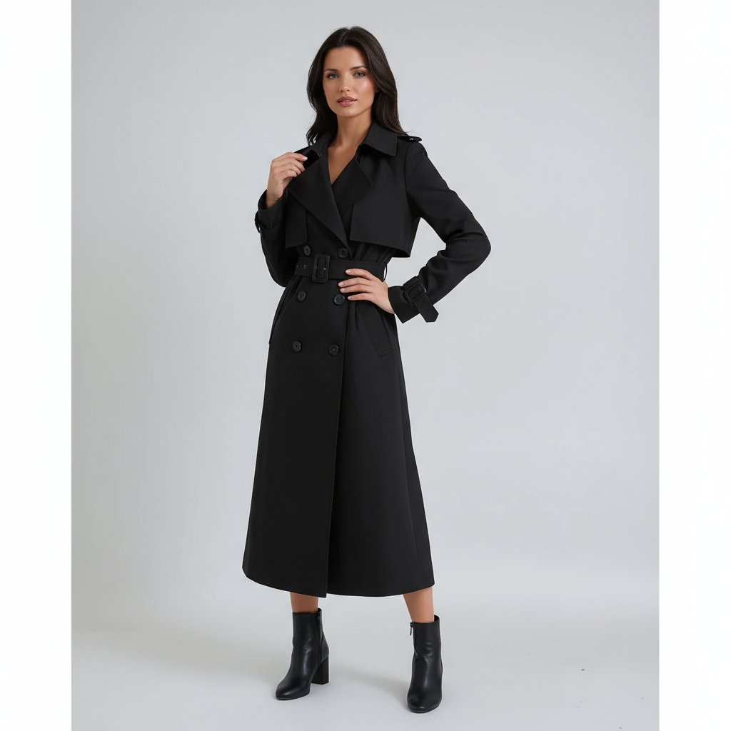 Abrigo Trench Largo con Cinturón para Mujer y Frente Doble Botonadura