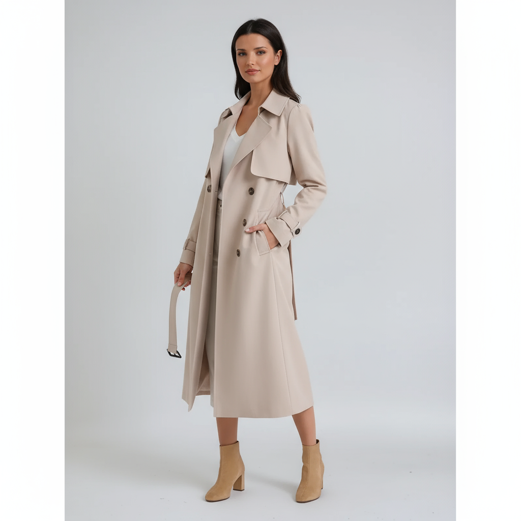 Abrigo Trench Largo con Cinturón para Mujer y Frente Doble Botonadura