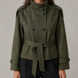 Abrigo Trench Corto Doble Botonadura con Cuello Alto para Mujer