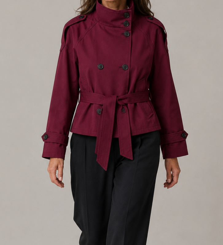 Abrigo Trench Corto Doble Botonadura con Cuello Alto para Mujer