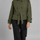 Abrigo Trench Corto Doble Botonadura con Cuello Alto para Mujer