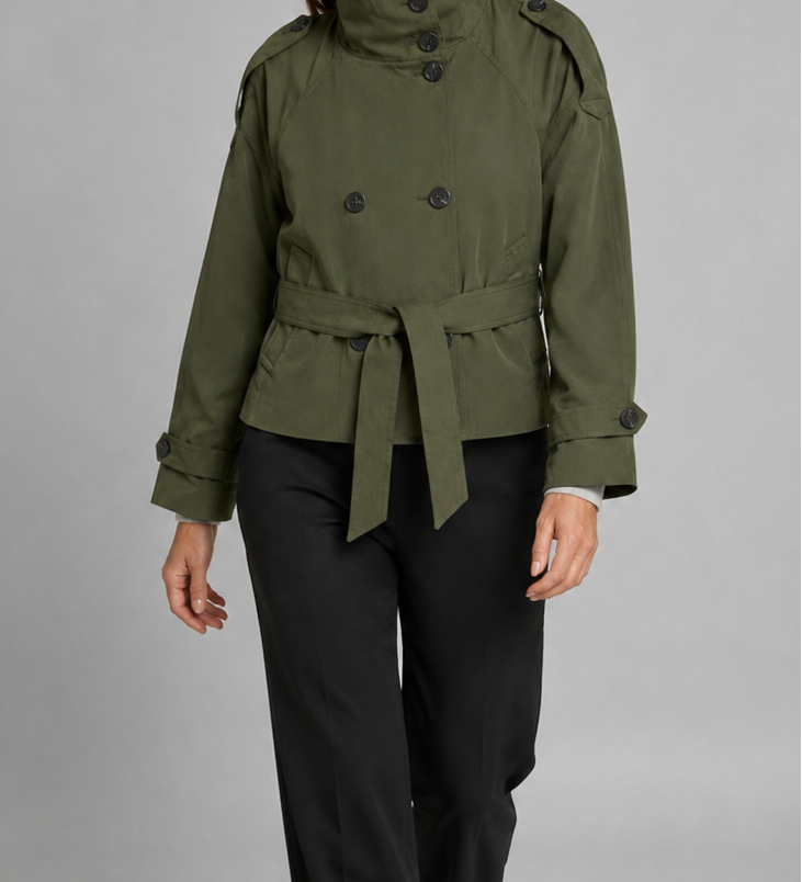 Abrigo Trench Corto Doble Botonadura con Cuello Alto para Mujer