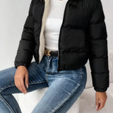 Chaqueta acolchada recortada para mujer con cierre frontal y forro de forro polar
