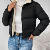 Chaqueta acolchada recortada para mujer con cierre frontal y forro de forro polar