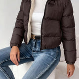 Chaqueta acolchada recortada para mujer con cierre frontal y forro de forro polar
