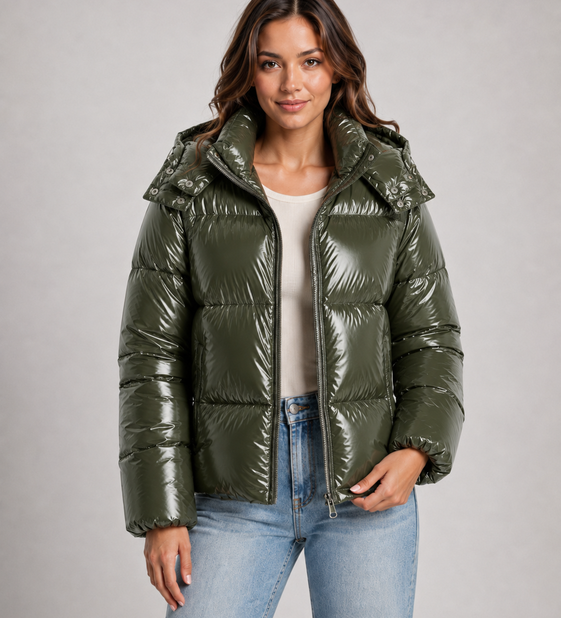 Chaqueta Puffer Cortada Brillante para Mujer con Capucha y Cierre Frontal