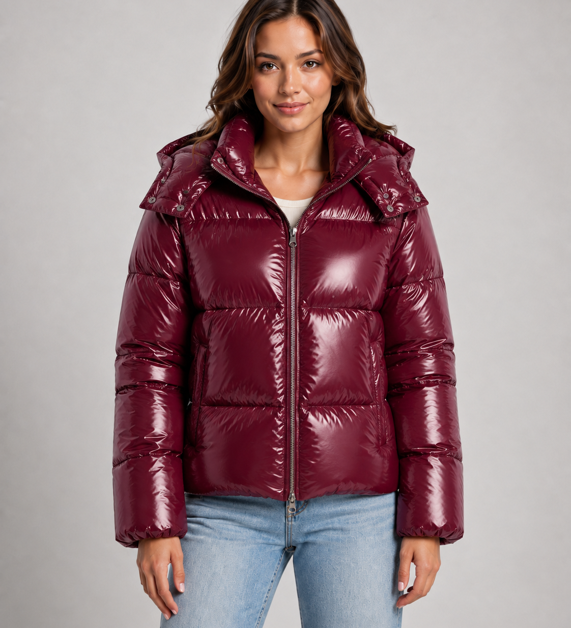 Chaqueta Puffer Cortada Brillante para Mujer con Capucha y Cierre Frontal