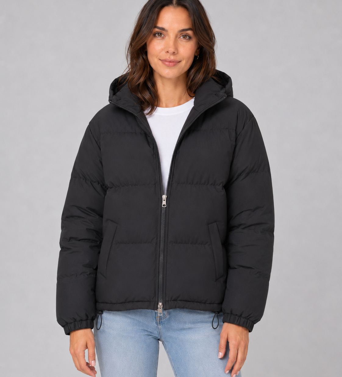 Chaqueta acolchada con capucha para mujer, con cierre frontal y bolsillos
