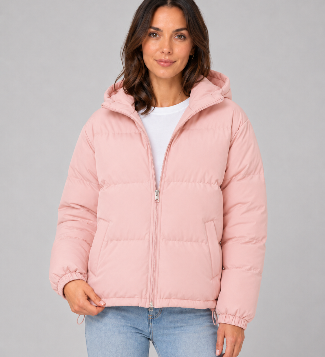 Chaqueta acolchada con capucha para mujer, con cierre frontal y bolsillos