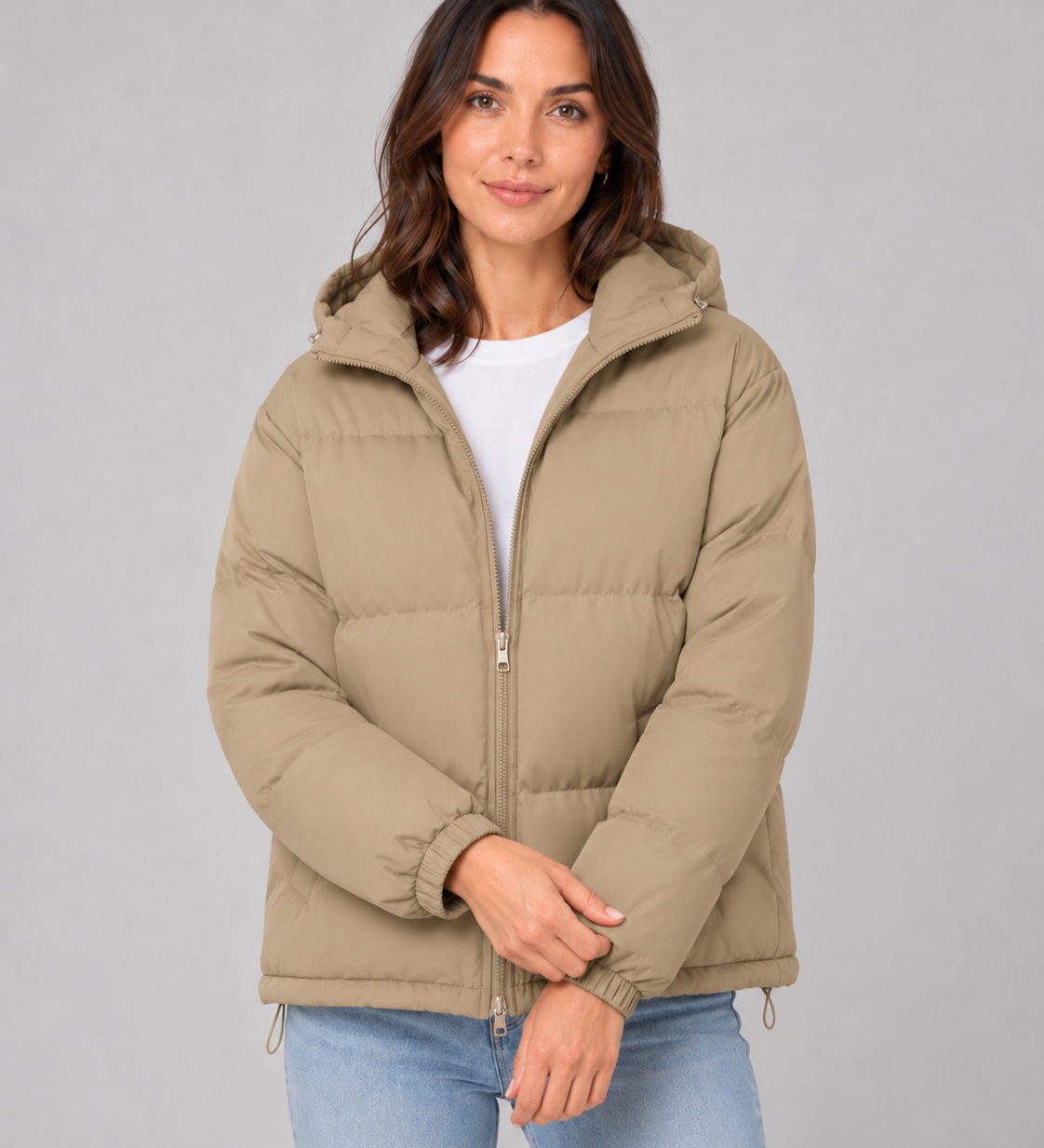 Chaqueta acolchada con capucha para mujer, con cierre frontal y bolsillos