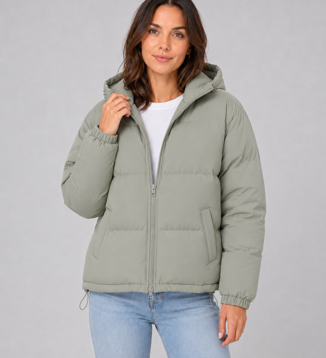 Chaqueta acolchada con capucha para mujer, con cierre frontal y bolsillos