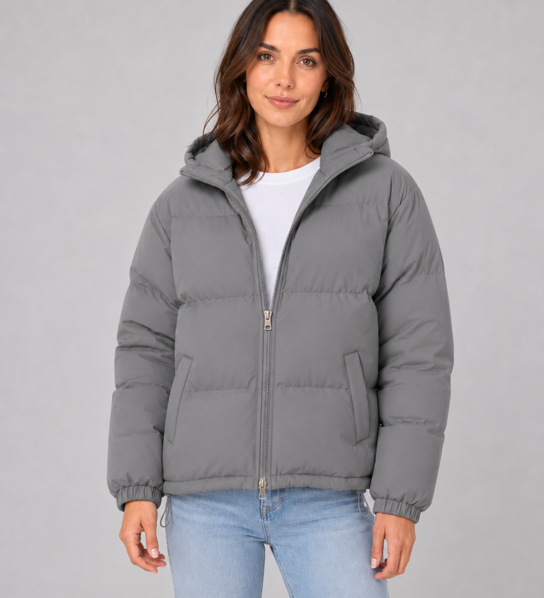Chaqueta acolchada con capucha para mujer, con cierre frontal y bolsillos