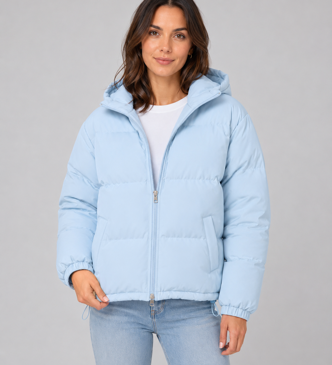 Chaqueta acolchada con capucha para mujer, con cierre frontal y bolsillos