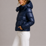 Chaqueta de Plumas con Capucha para Mujeres con Cierre Frontal y Bolsillos