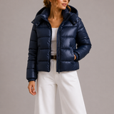 Chaqueta de Plumas con Capucha para Mujeres con Cierre Frontal y Bolsillos