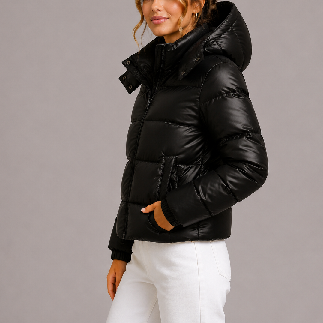 Chaqueta de Plumas con Capucha para Mujeres con Cierre Frontal y Bolsillos